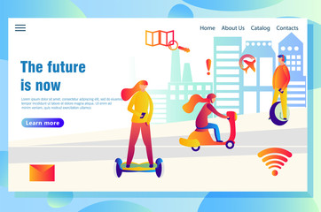 Modern technological smart city web page concept, with people using high-tech transport and different devices to find necessary data
