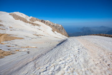 Fototapeta na wymiar Tahtali dagi mount slope in a melted snow, view to a sea bay, spring landscape,Turkey, lycian way,