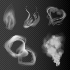 Steam and cigarette realistic smoke isolated on transparent background vector illustration.