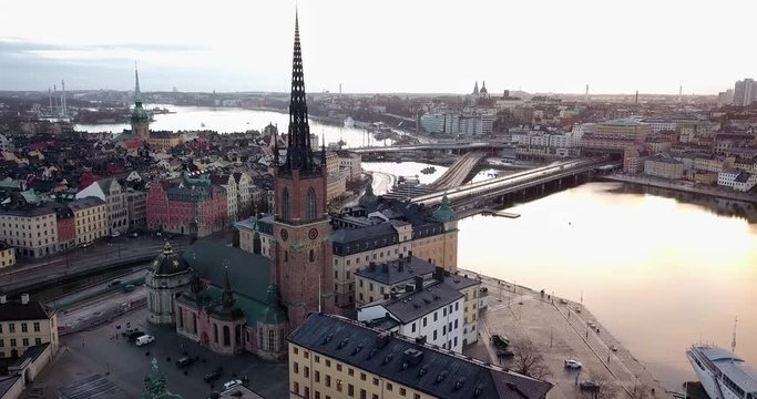 Aerial view of the Riddarholmen island in the city of Stockholm with the Riddarholmen church.