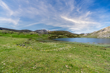View of Isoba Lake in the Cantabrica mountain range in Leon, Spain, during spring.