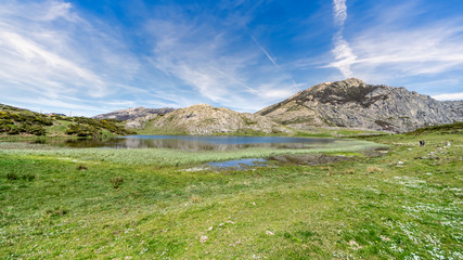 Fototapeta premium View of Isoba Lake in the Cantabrica mountain range in Leon, Spain, during spring.