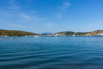 Panorama of the beach with recreation yachts on Turkish resort, Bodrum, Turkey