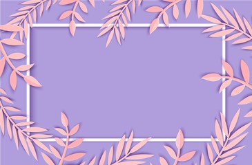 Fototapeta premium Abstract paper cut pink leaves for banner design. Party invitation. Vector floral template. Jungle foliage illustration. Tropical paper palm, monstera leaves with white frame on violet background.