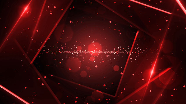 Red virtual abstract background space tunnel with neon line lights. Reality square portal arch tunnel. Spectrum vibrant colors laser show.