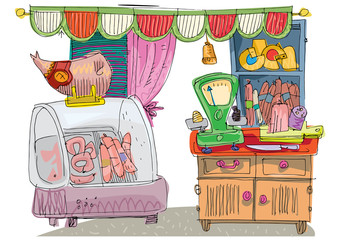 A traditional italian food  store full of sausages, bacon, cheese and others tradition delicious. A facade of a vintage grocery shop. Caricature. Cartoon.