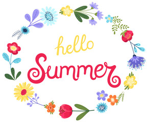 Hello summer background vector. Vector illustration with hand drawn text and flowers in flat style isolated on white background.