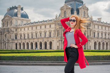 Pretty stylish girl rest in Paris, modern nice lady, woman lifestyle, vintage fashionable mix clothes look 