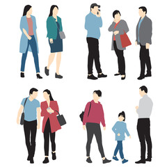 Obraz premium Set of silhouettes of men, women and child standing and walking in different poses, cartoon character, group of business people, vector illustration, flat designe icon, isolated on white background