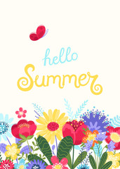 Hello summer background vector with flowers and a butterfly. Vector illustration with hand drawn text and flowers in flat style isolated on white background.
