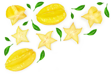 Carambola or star-fruit isolated on white background with copy space for your text. Top view. Flat lay