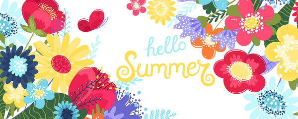 Hello summer background vector with flowers and a butterfly. Vector illustration with hand drawn text and flowers in flat style isolated on white background.