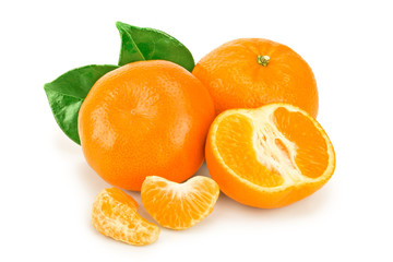 tangerine or mandarin fruit with leaves isolated on white background