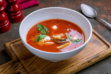 tomato soup with mussels and seafood