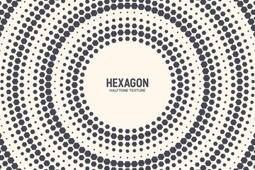Hexagon Shapes Vector Abstract Geometric Technology Background. Radial Halftone Frame Hex Retro Simple Pattern. Minimal 80s Style Dynamic Tech Wallpaper