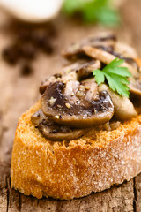 Frische Bruschetta mit Pilz und Knoblauch, ein traditionelles Italienisches Antipasto (Selektiver Fokus, Fokus in die Mitte des Bildes)