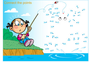 In vector illustration, a puzzle in which you need to connect the dots in order to find out who the girl caught fishing