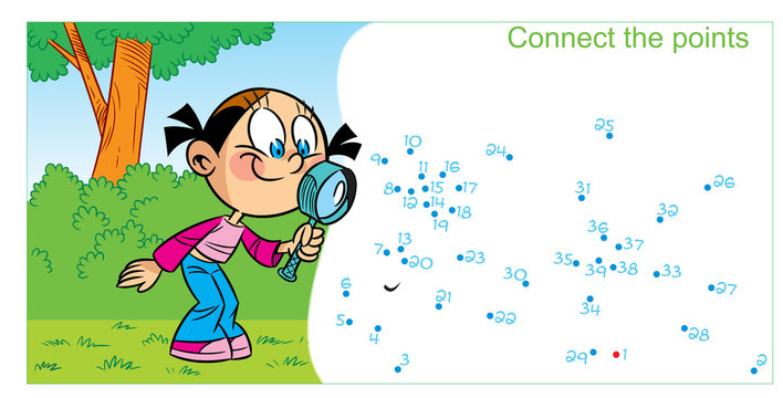 In vector illustration, a puzzle in which you need to connect the dots to find out who the girl met in the forest