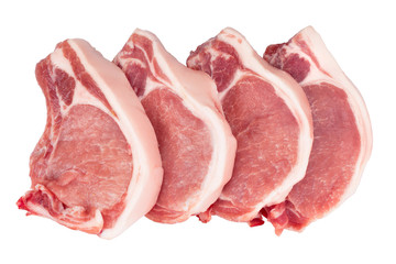 sliced raw pork meat isolated on white background. Top view. Flat lay