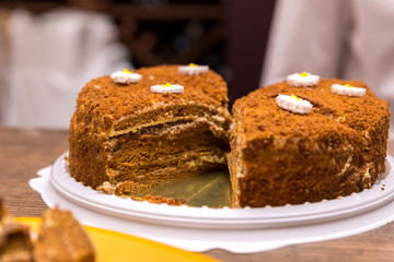 Honey cake on the showcase in the bakery