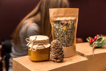 Herbal mix tea and homemade jam, healthy drink