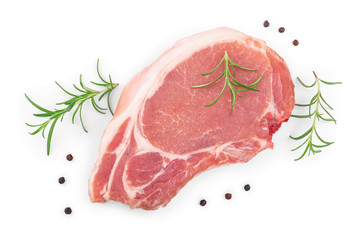 sliced raw pork meat with rosemary isolated on white background. Top view. Flat lay
