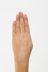 Close-up of a woman's hand and finger on white background