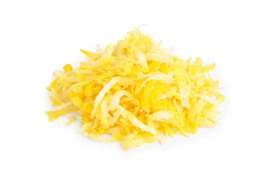Lemon peel or zest isolated on white background. Healthy food