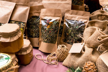 Herbal mix tea and homemade jam, healthy drink