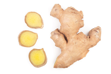 fresh Ginger root and slice isolated on white background. Top view. Flat lay