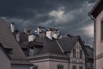 The roofs of an old historic city. The city is Loket in the Czech Republic.