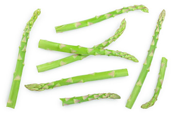 Fresh sprouts of asparagus isolated on white background. Top view. Flat lay