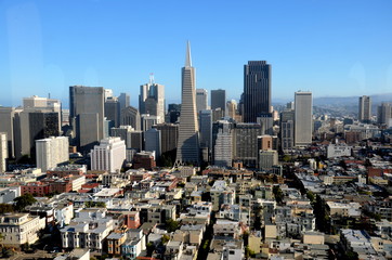 skyline view of San Francisco, California in summer, blue sky