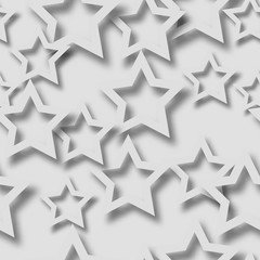 Abstract seamless pattern of randomly arranged white stars with soft shadows on gray background