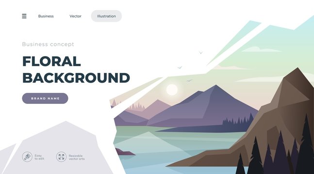Landing page template. Modern landscape background with trees and mountain peaks. Vector illustration