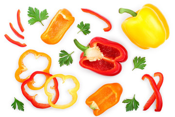 red yellow orange sweet bell pepper isolated on white background. Top view. Flat lay