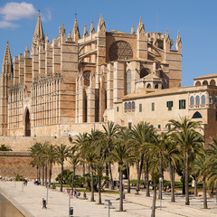 Palma de Mallorca, Spain - March 24, 2019 : end view of the famous gothic cathedral Santa Maria La...