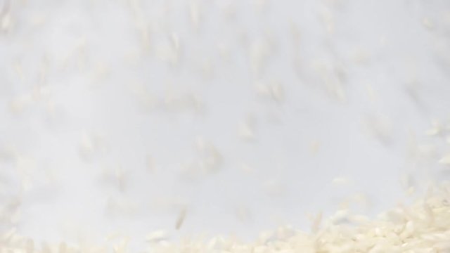long grain white rice on white background falling from top and filling up frame. slow motion 96fps