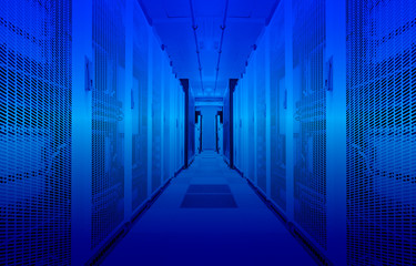 Server room in working modern data center neon blue toning