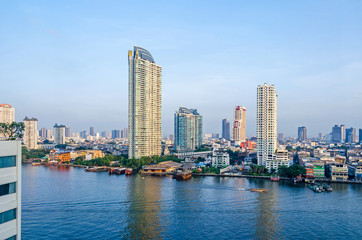 Skyline of Bangkok  at the banks of the Chao Phraya River