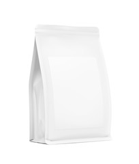 Quad seal bag with vertical gussets. Perspective view. High realistic details. Ready for your design. Suite for the presentation of coffee, food, for pets, household, etc. EPS10.	