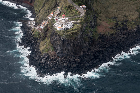 aerial landscape from the Farol do Arnel lighthouse on the eastcoast of S&atilde;o Miguel island near Nordeste village