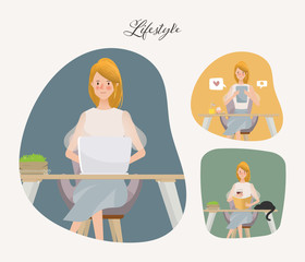 Obraz premium Hand drawn young woman working on laptop character. Lifestyle in holiday.
