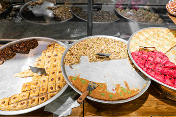 Variety of sweets Pastry. Traditional Eastern dessert Eastern sweets in a wide range, baklava, almond, cashew and pistachio nuts.