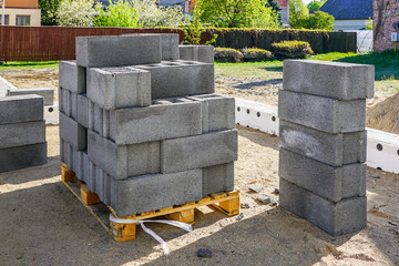 Concrete foundation of a new house, view of construction site in preparation process