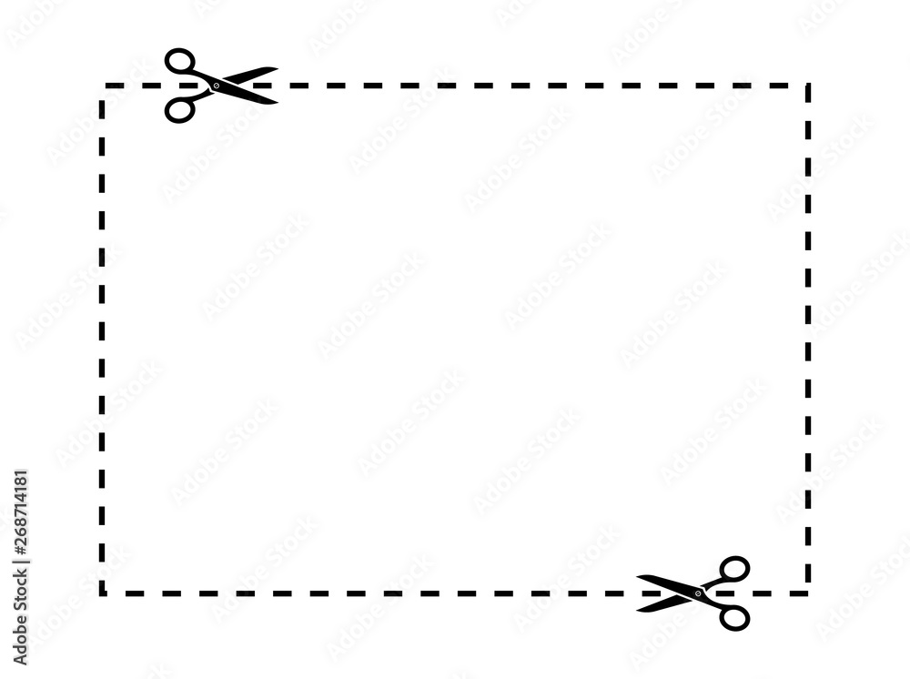 Poster scissors cut lines. scissors cutting square line. cut out coupon border rectangle shape. coupon scis