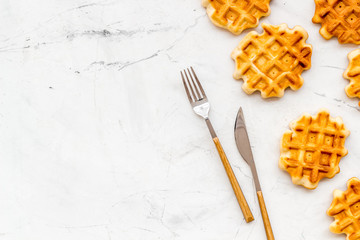 Traditional belgian waffles on served marble table background top view mockup