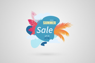 Summer Sale promo web banner. Summer abstract geometric background with palm leaves and clouds. Vector illustration with spesial discount offer. Trendy Summer Tropical Leaves