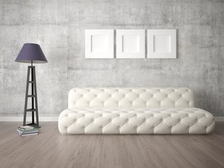  Mock up fashionable living room with original comfortable sofa and stylish hipster backdrop.