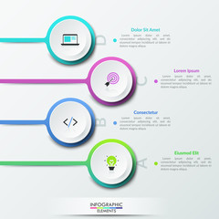 Four round separate paper white elements with thin line icons inside and text boxes. Concept of 4 steps of business growth. Modern infographic design template. Vector illustration for presentation.